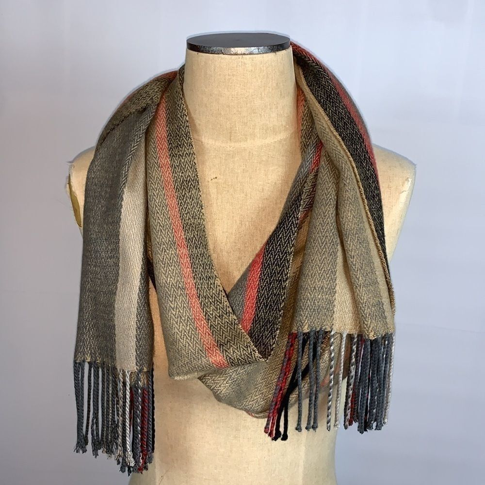 Super soft tan, gray, black and red striped scarf with fringe